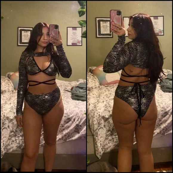 Metallic Spider Web Festival Rave Matching Bikini Arm Bolero Flare Pants Set - Picture 6 of 11